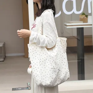 Stylish Japanese style white nylon shoulder bag with black polka dots for women