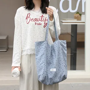 Stylish Japanese light blue polka dot nylon tote bag for women, casual chic shoulder bag