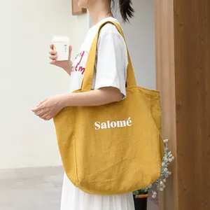 Japanese Literary Style Cotton Linen Tote Bag Large Capacity Letter Print Shoulder Bag For Women Daily Casual Handbag