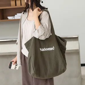 Japanese style linen tote bag with Salomé print, olive green canvas shoulder bag