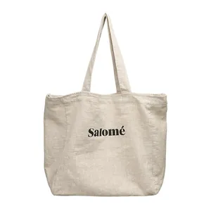 Casual minimalist Japanese style linen tote bag with Salomé letter print for women