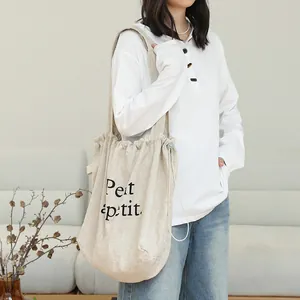 Bolso tote informal de lino y algodón con cordón e inscripción negra