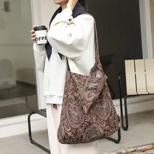 Sac à Épaule en Toile Brodé Motif Paisley Rétro Japonais pour Femmes Grande Capacité Sac Bandoulière Décontracté Vintage Tote