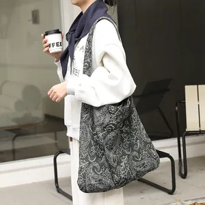 Grand sac fourre-tout en toile de style japonais avec motif paisley élégant pour femme