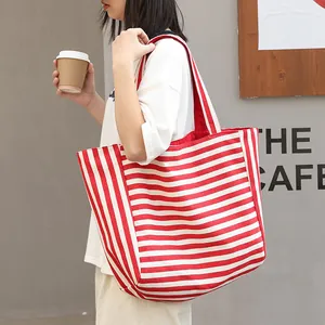 Japanese Style Casual Stripe Tote Bag Women Large Capacity Nylon Shoulder Bag With Just Chilling Letter Print Handbag
