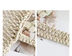 Detailed close-up of intricate hand-woven cotton knots on a macrame beach tote bag