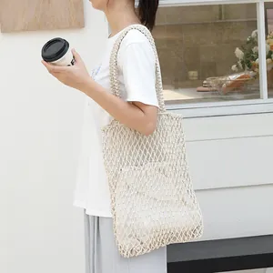 Women Korean Fashion Woven Grid Beach Bag Hollow Out Cotton String Shoulder Bag With Drawstring Inner Pouch Casual Tote Bag