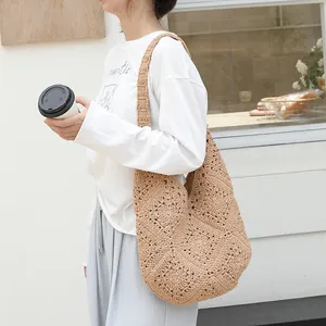 Handgeweven Opengewerkte Katoenen Schoudertas Japanse Stijl Minimalistische Gehaakte Strandtas Zomer Vakantie Hobo Tote Tas Voor Dames