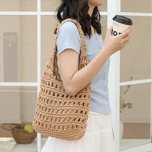 Hand Woven Cotton Underarm Bag For Women Fashion Hollow Out Drawstring Shoulder Bag With Inner Pouch Casual Woven Tote Bag
