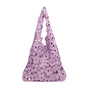 Elegant purple floral lace hollow underarm shoulder bag with drawstring inner pouch