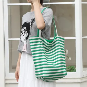 Minimalist green and white striped canvas tote bag with large capacity for daily use