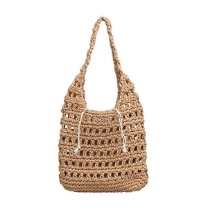 Handmade hollow woven cotton cord shoulder bag with stylish inner drawstring pouch