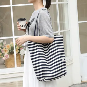 Japanese style casual blue and white striped canvas tote bag for women's daily use