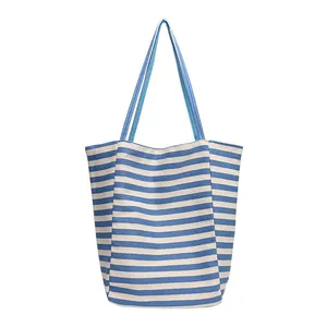 Blue and white striped canvas tote bag with Japanese casual style and sturdy handles