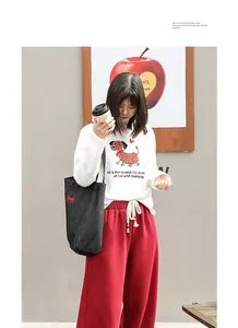 Elegante bolso tote de lona de mezclilla de estilo japonés con bordado de perro rojo