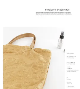 Detail view of retro wrinkled DuPont paper tote bag with minimalist Korean style
