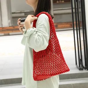 Red cotton rope woven hollow net shoulder bag with inner pouch for women