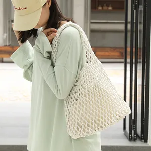 Handmade cotton woven mesh underarm shoulder bag with drawstring inner pouch