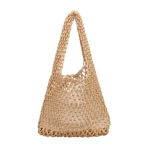 Handmade cotton woven macramé shoulder bag with inner drawstring pouch for women
