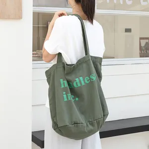 Bolso Tote de Lona Estilo Coreano Gran Capacidad Cubo Lavado Envejecido Bolso de Hombro para Mujer Estampado de Letras Bolso Casual Diario