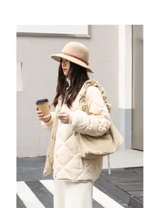 Stylish vintage corduroy tote bag for women in cream beige with drawstring detail