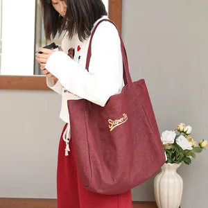 Bolso Tote de Lona Casual Estilo Japonés Letra Bordada Gran Capacidad Bolso de Hombro de Mezclilla Para Mujer Handbag Retro