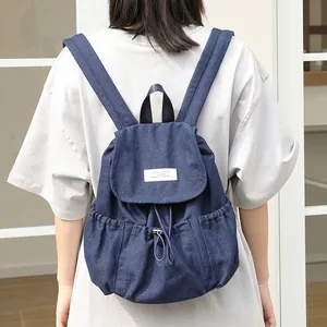 Mochila de Lona de Moda Estilo Coreano Vintage Denim Mochila Cordón Plisado Daypack para Mujer Escuela Viaje Mochila