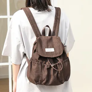 Mochila de lona marrón vintage para mujer con cordón informal y solapa elegante