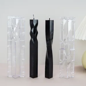 Durable two-piece square spiral pillar candle molds with finished black wax pillar samples