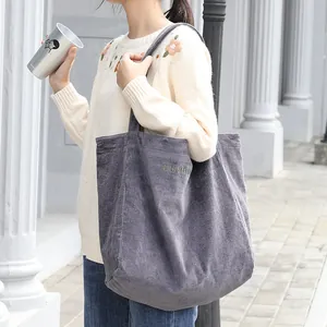 Bolso shopper informal de pana gris con letras bordadas y gran capacidad para mujer