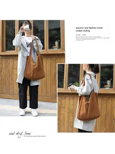 Large capacity brown corduroy shoulder tote bag for women in retro autumn style