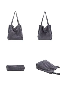 Detailed views from four angles of a stylish gray corduroy tote bag for daily use