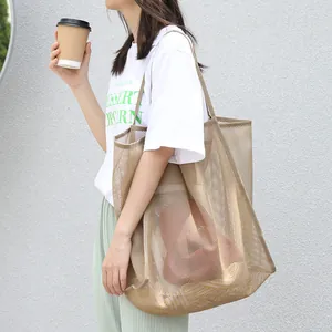 Bolso de Hombro de Malla para Mujer Bolso Tote de Cuadrícula de Gran Capacidad Bolso de Axila Bolso de Compras Literario Casual Bolso de Playa de Verano