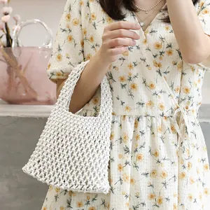 Japanischer Stil Handgewebte Baumwolle Handtasche Hohlnetz Beuteltasche Mit Kordelzug Innentasche Künstlerische Gewebte Tasche Für Damen
