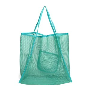 Bolsa de malla turquesa transpirable con bolsillo interior para playa y compras