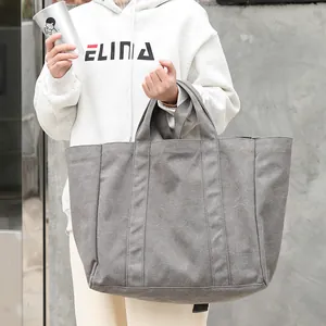 Japanese style large grey canvas tote bag with durable handles for casual daily use