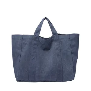 Minimalist retro washed canvas tote bag in navy blue with large capacity for daily use.