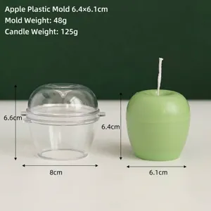 Detailed view of apple-shaped candle mold with dimensions and finished wax product