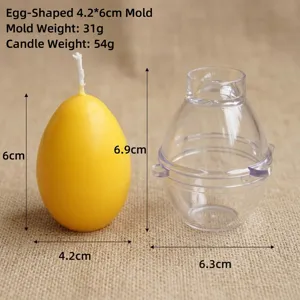 Detailed view of egg-shaped PC plastic candle mold with dimensions and weight specs