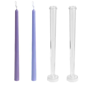 Detailed view of clear acrylic tapered candle molds and finished purple wax candles, 30cm height