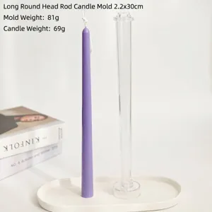 Detailed view of 30cm taper candle mold with measurements and purple candle