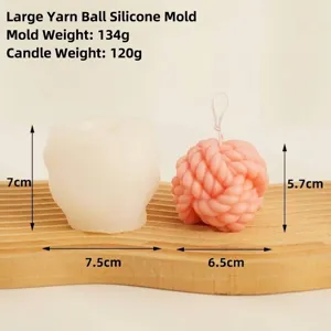 Detailed view of large yarn ball silicone candle mold with weight and size info.