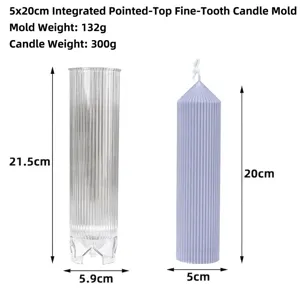 Ribbed pointed cylinder candle mold with dimensions and finished product comparison