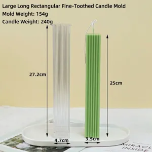 Detailed view showing dimensions for tall fluted pillar candle mold and green candle.