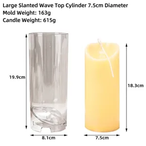 Detailed dimensions and comparison of slanted cylinder candle mold and finished candle