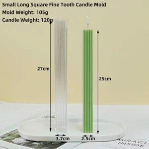 Detailed view of striped column candle mold showing 27cm height and finished candle