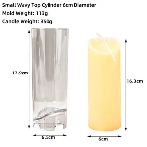 Detailed dimensions of 6cm diameter wave top cylindrical candle mold and candle