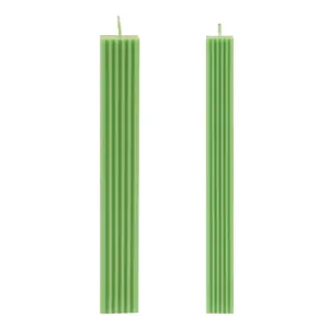 Pair of green ribbed rectangular pillar candles against a clean white background.