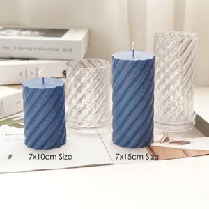 Close-up of spiral pillar candle molds and finished blue candles in two sizes (7x10/15cm)