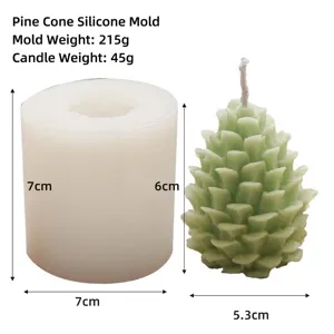 Detail view of pine cone silicone candle mold showing dimensions and product weights